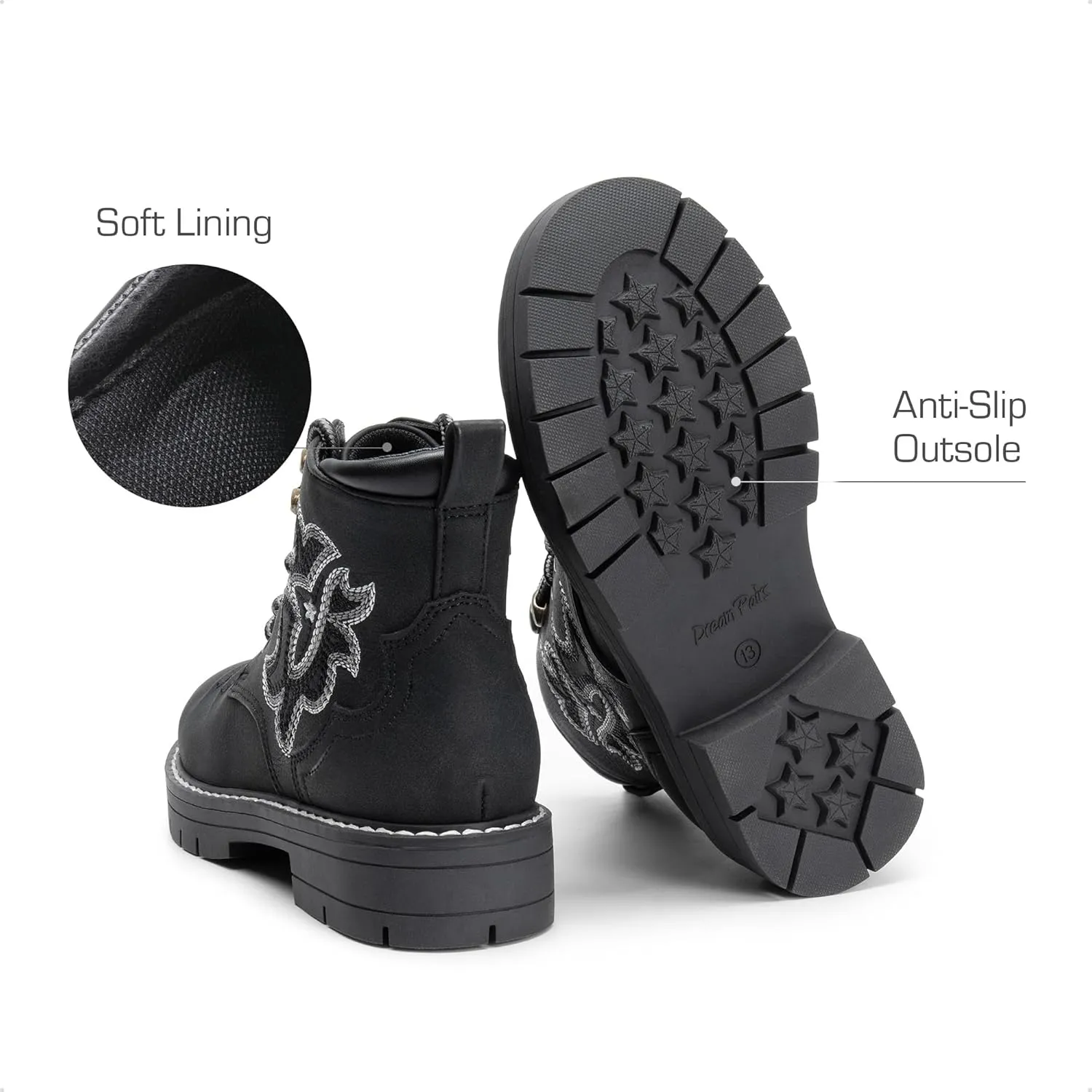 DREAM PAIRS Boys Girls Combat Ankle Boots Cowboy Cowgirl Western Embroidered Side Zipper Booties Toddler/Little Kid/Big Kid