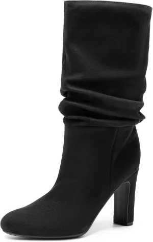 DREAM PAIRS Slouch Boots for Women Mid Calf, Women's Fashion Almond Toe High Heel Fall Winter Dressy Boots