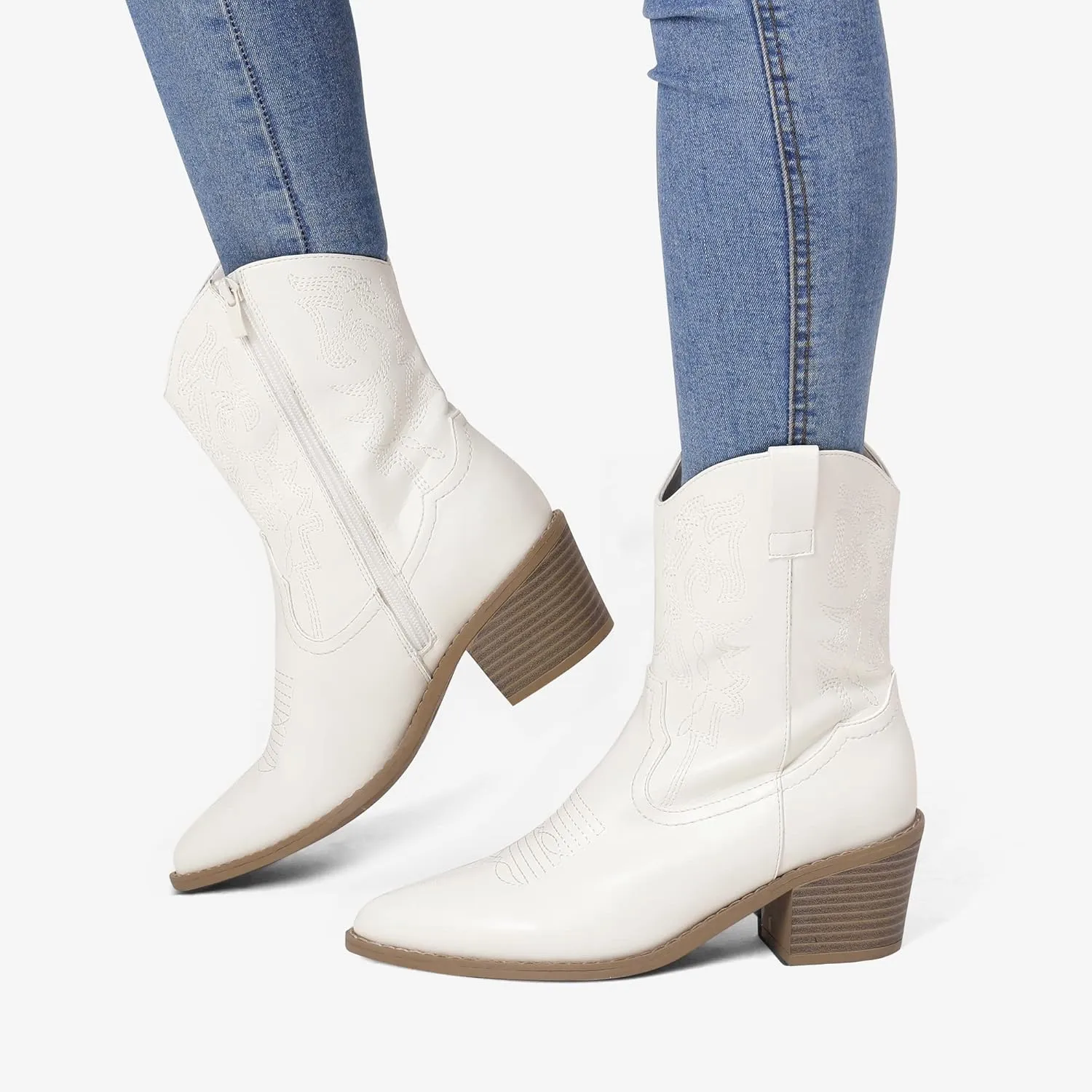 DREAM PAIRS Women's Cowboy Boots, Pointed Toe Chunky Heel, Zipper Pull-On Stitched Western Ankle Boots