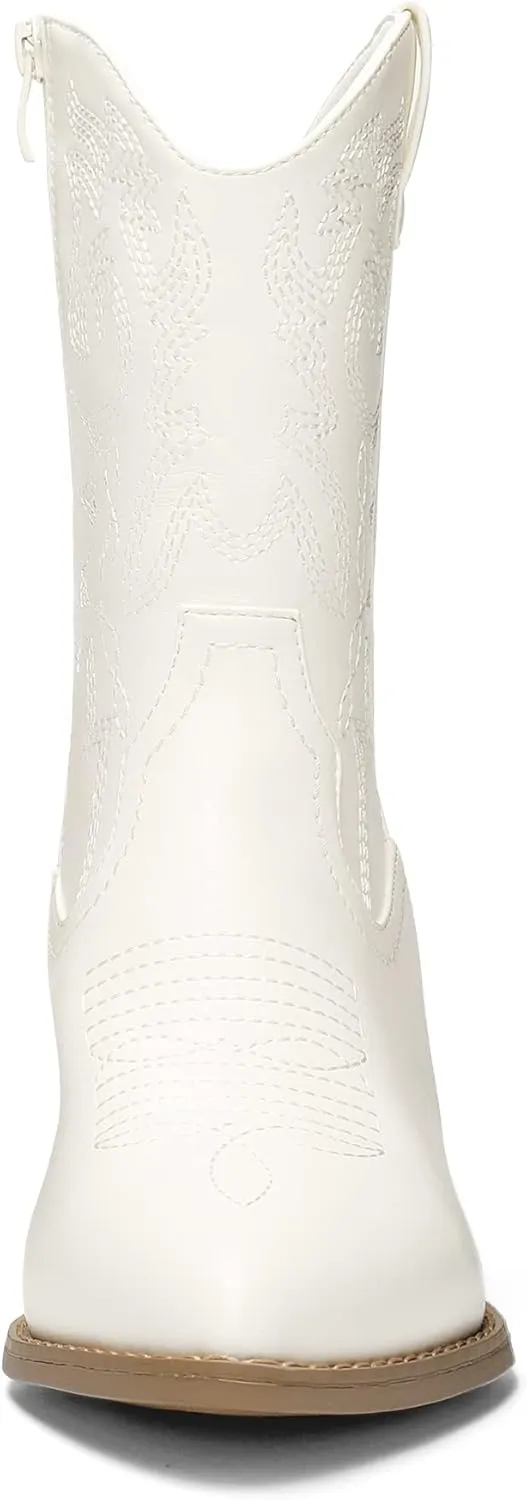 DREAM PAIRS Women's Cowboy Boots, Pointed Toe Chunky Heel, Zipper Pull-On Stitched Western Ankle Boots