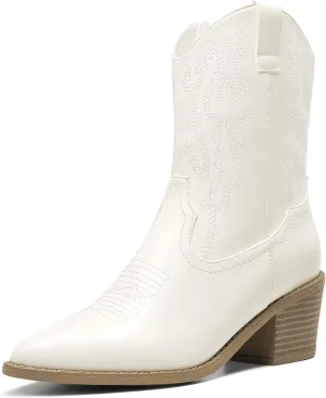 DREAM PAIRS Women's Cowboy Boots, Pointed Toe Chunky Heel, Zipper Pull-On Stitched Western Ankle Boots