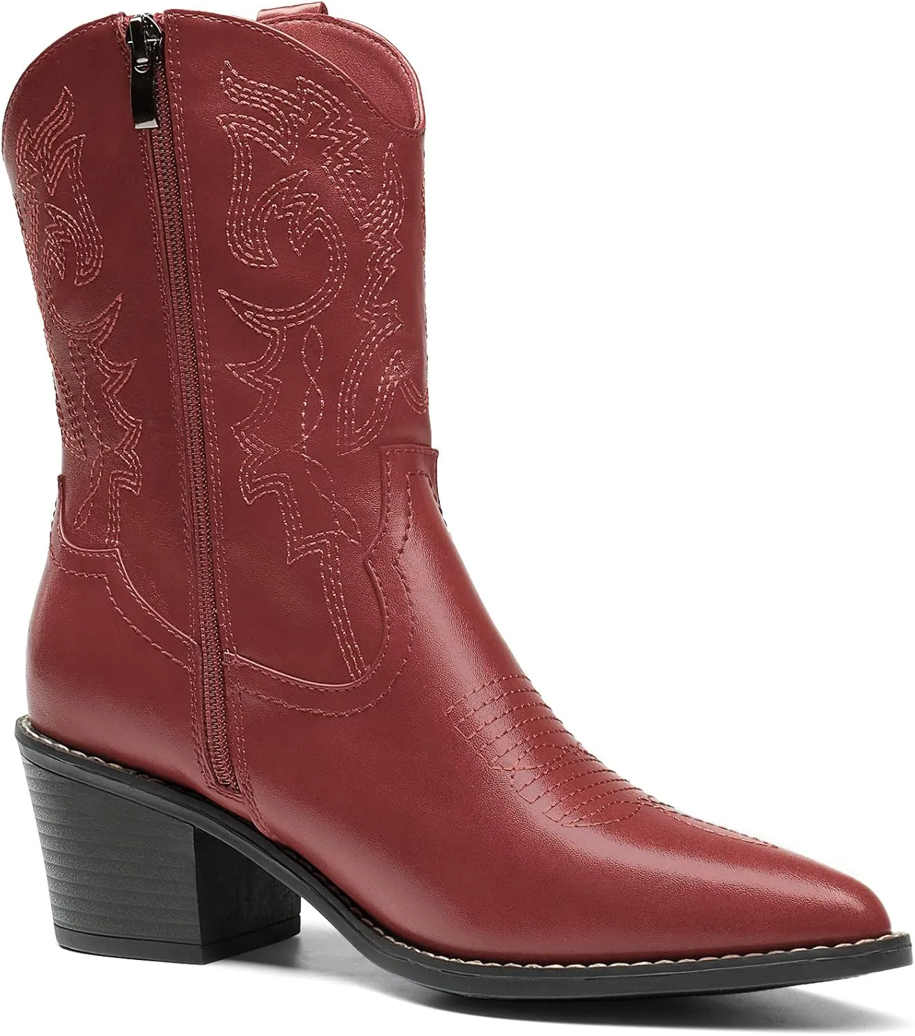 DREAM PAIRS Women's Cowboy Boots, Pointed Toe Chunky Heel, Zipper Pull-On Stitched Western Ankle Boots