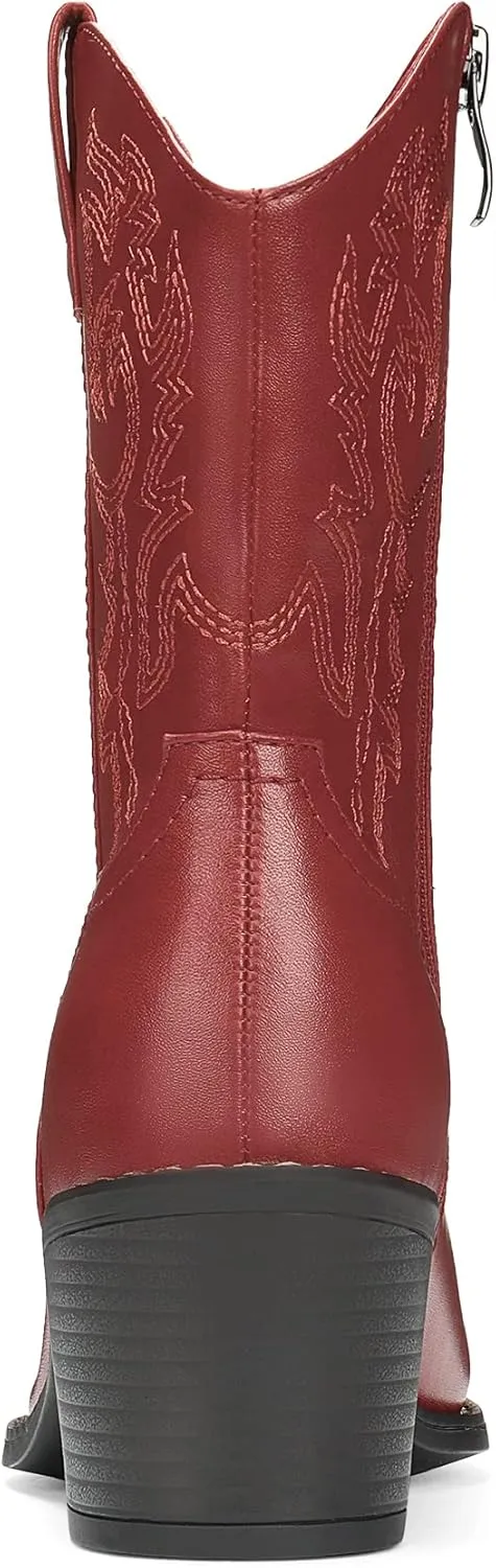 DREAM PAIRS Women's Cowboy Boots, Pointed Toe Chunky Heel, Zipper Pull-On Stitched Western Ankle Boots