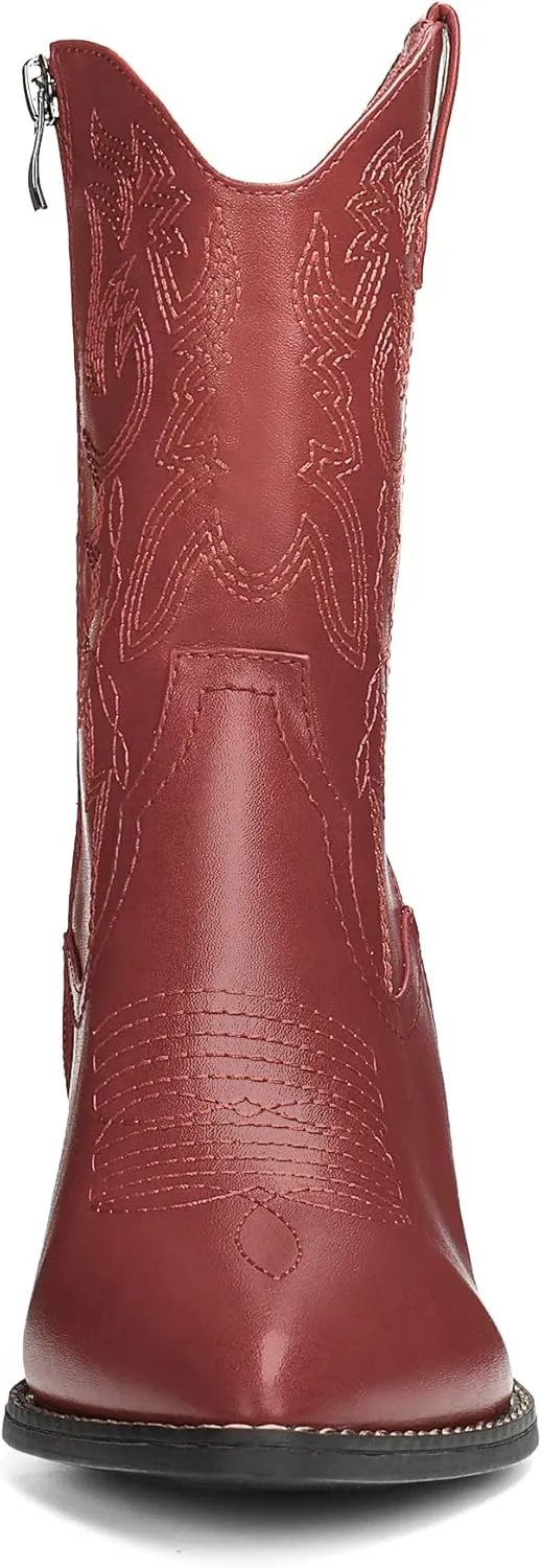 DREAM PAIRS Women's Cowboy Boots, Pointed Toe Chunky Heel, Zipper Pull-On Stitched Western Ankle Boots