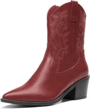 DREAM PAIRS Women's Cowboy Boots, Pointed Toe Chunky Heel, Zipper Pull-On Stitched Western Ankle Boots