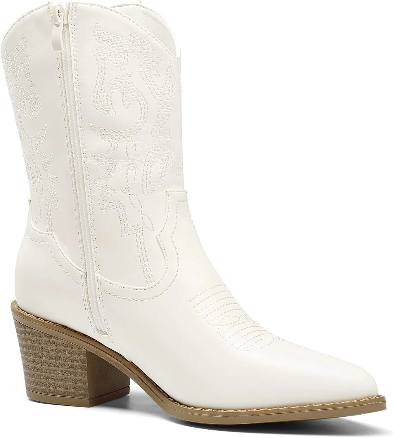 DREAM PAIRS Women's Cowboy Boots, Pointed Toe Chunky Heel, Zipper Pull-On Stitched Western Ankle Boots