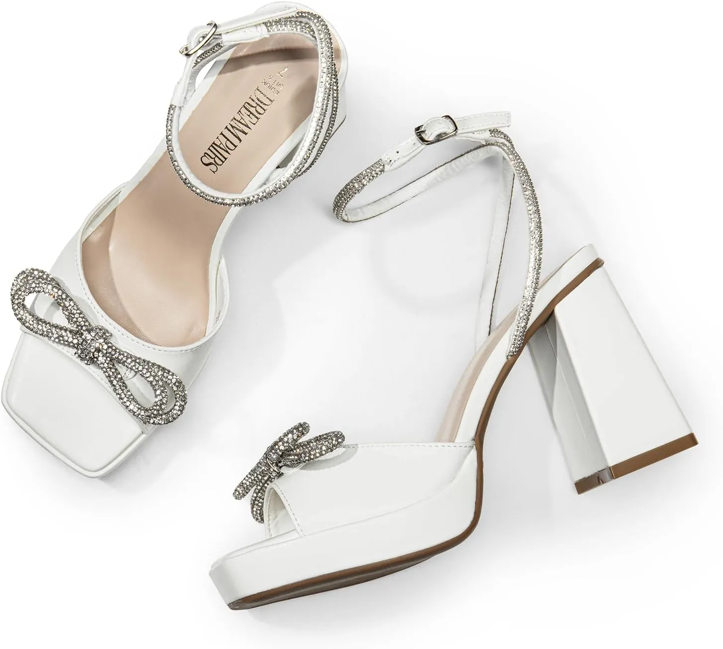 DREAM PAIRS Women's Double Bowknots Platform Chunky Heels Rhinestone High Square Toe Dress Sandals for Wedding Bridal Party