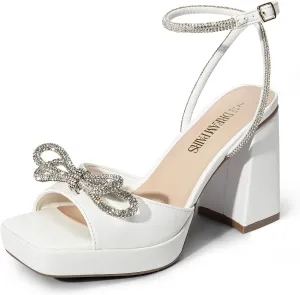DREAM PAIRS Women's Double Bowknots Platform Chunky Heels Rhinestone High Square Toe Dress Sandals for Wedding Bridal Party
