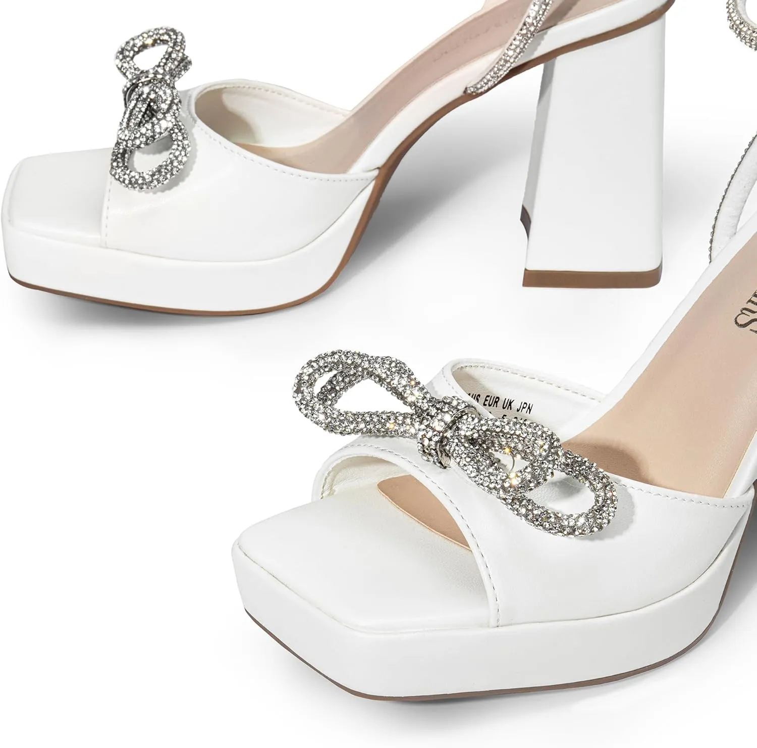 DREAM PAIRS Women's Double Bowknots Platform Chunky Heels Rhinestone High Square Toe Dress Sandals for Wedding Bridal Party