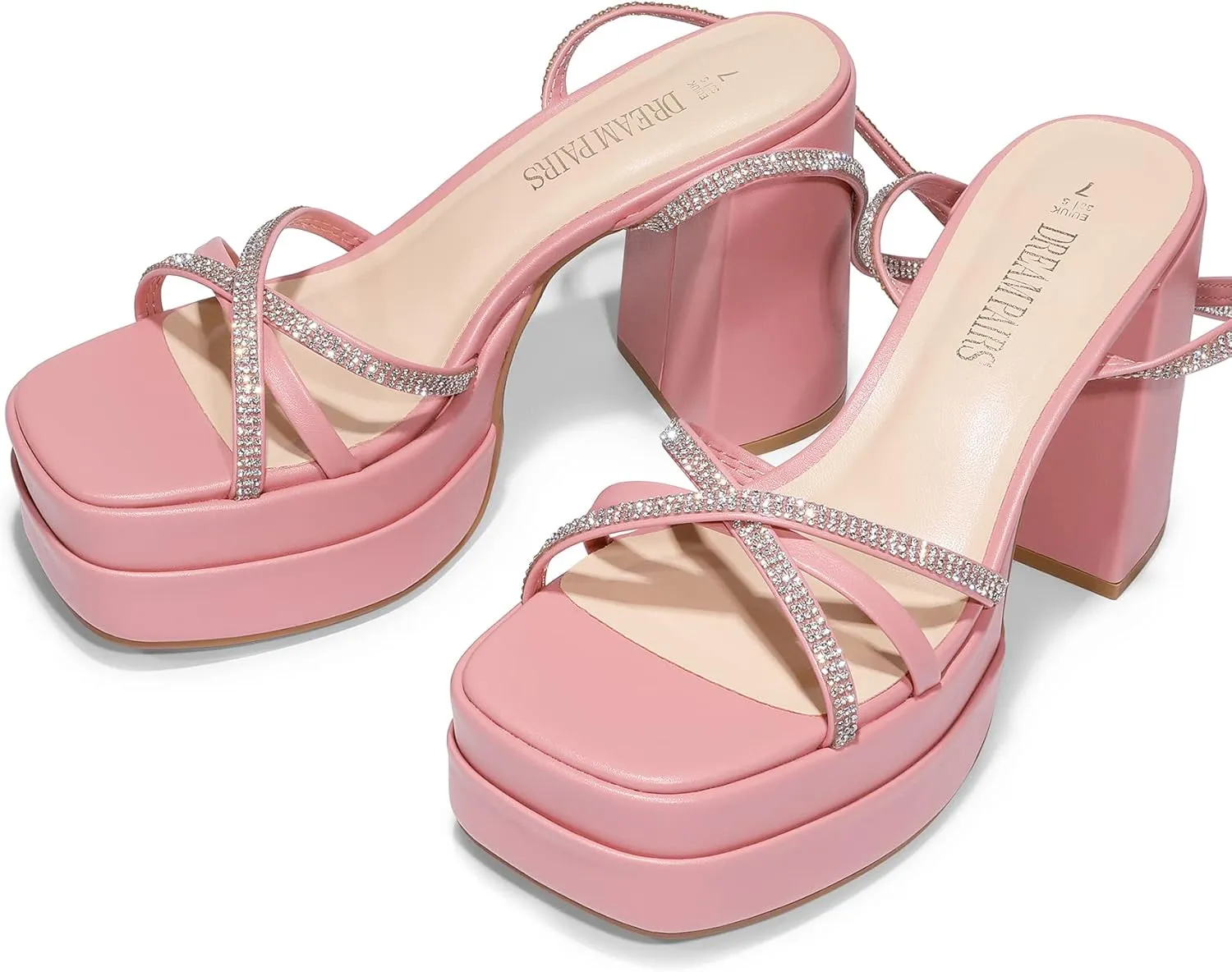 DREAM PAIRS Women's Lace Up Platform Heels Rhinestone High Strappy Chunky Sandal Y2K Shoe for Club Party Date Prom