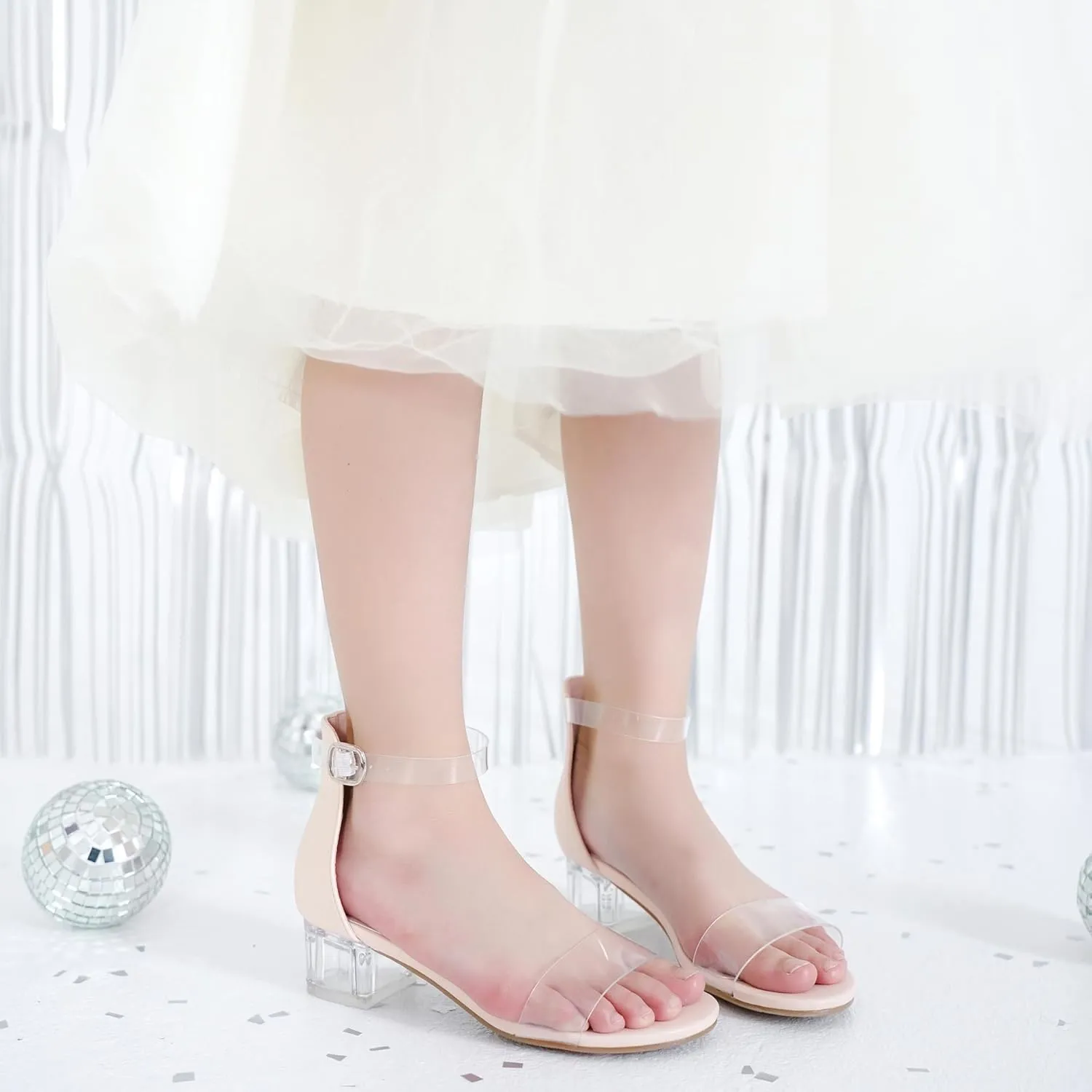 Dufannie Girls Sandals Low Heels Dress Pump Ankle Strap Open Toe Flower Girl Wedding Party for Toddler Little Big Kid
