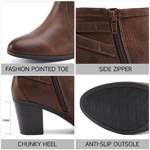 EETTARO Women's Chunky Heel Ankle Boots Fashion Pointed Toe Booties Side Zipper Buckle Shoes