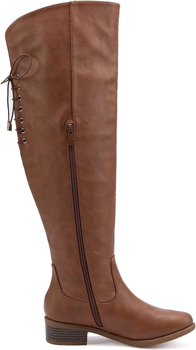 EETTARO Women's Over The Knee Boot Fashion Lace Up Tight High Boots Side Zip Block Heel Riding Booties