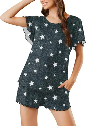Ekouaer Pajama Set for Women 2 Piece Lounge Set Short Sleeve Pjs Tops and Shorts Soft Sleepwear S-XXL