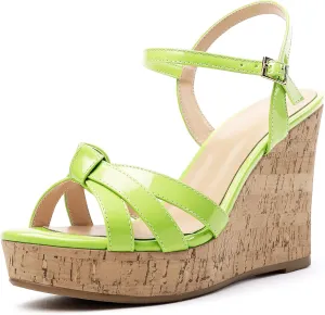 Eldof Women's High Heel Wedge Sandals Open Toe Ankle Strap Wooden Platform Wedge Heels Summer Sandals for Dress Party Evening 4 Inch
