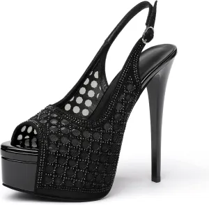 Eldof Women's High Heels Platform Shoes Peep Toe Slingback Sandals Rhinestones Hollow Heels for Dress Wedding Party