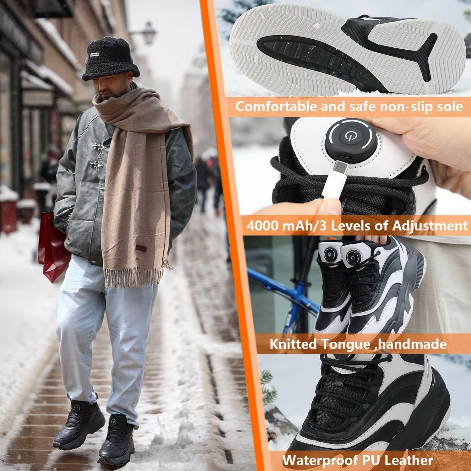 Electric Heated Shoes for Women/Man Rechargeable, 4000 mAh USB Self Heating Shoes, 3 Heating Levels Adjustable Foot Warmer, Winter Electric Shoes for Outdoor Sports Home Office