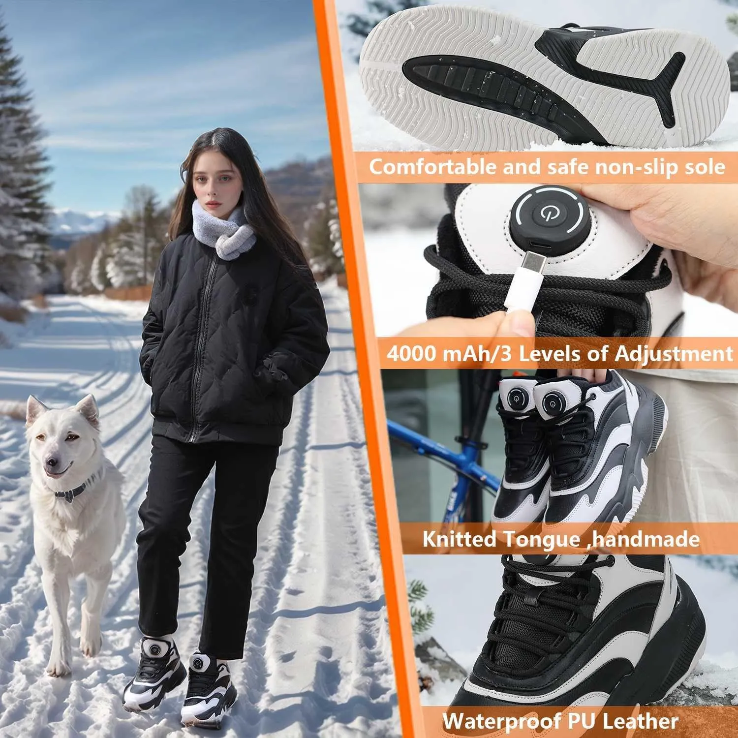 Electric Heated Shoes for Women/Man Rechargeable, 4000 mAh USB Self Heating Shoes, 3 Heating Levels Adjustable Foot Warmer, Winter Electric Shoes for Outdoor Sports Home Office