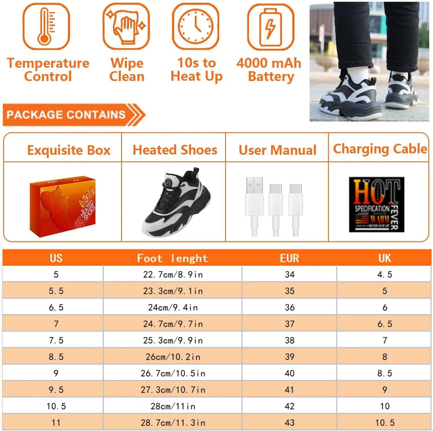Electric Heated Shoes for Women/Man Rechargeable, 4000 mAh USB Self Heating Shoes, 3 Heating Levels Adjustable Foot Warmer, Winter Electric Shoes for Outdoor Sports Home Office