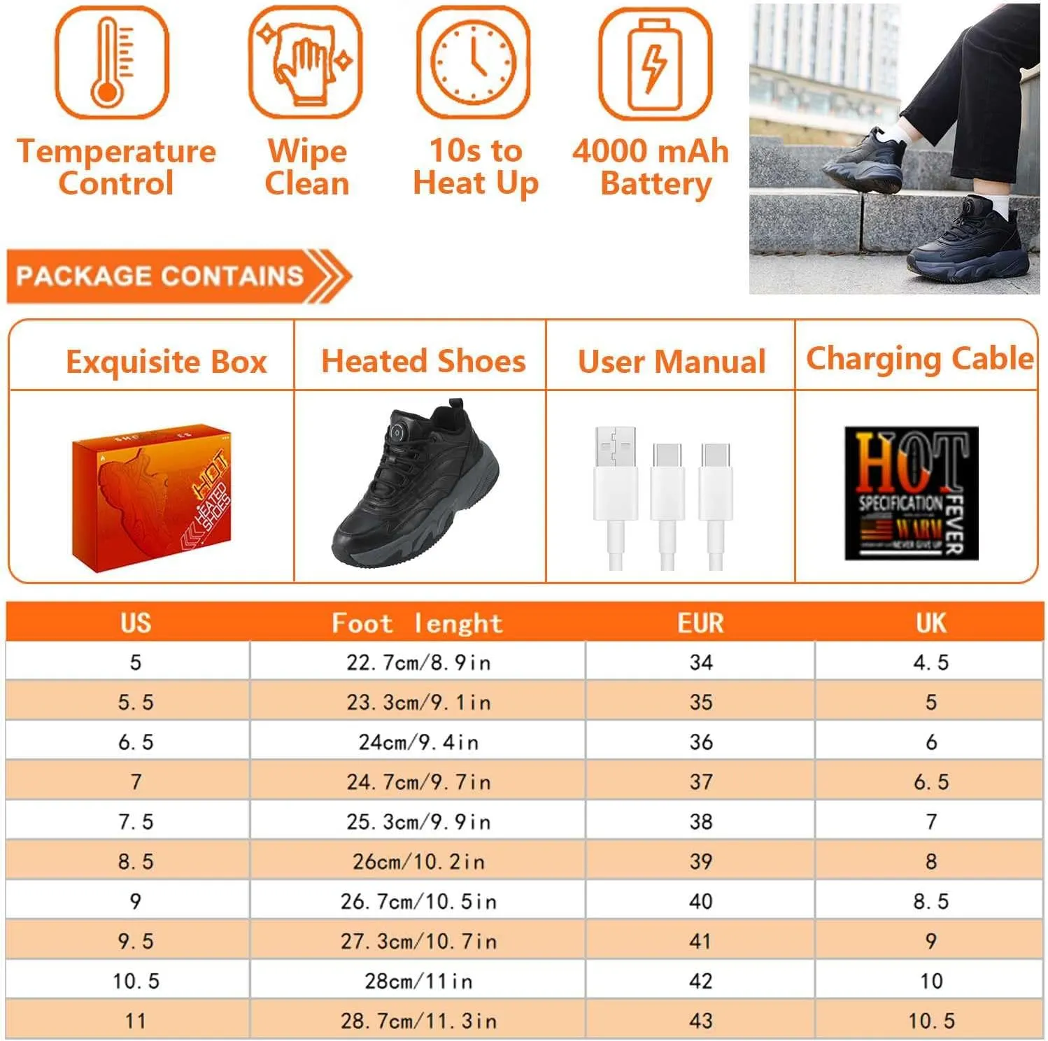 Electric Heated Shoes for Women/Man Rechargeable, 4000 mAh USB Self Heating Shoes, 3 Heating Levels Adjustable Foot Warmer, Winter Electric Shoes for Outdoor Sports Home Office