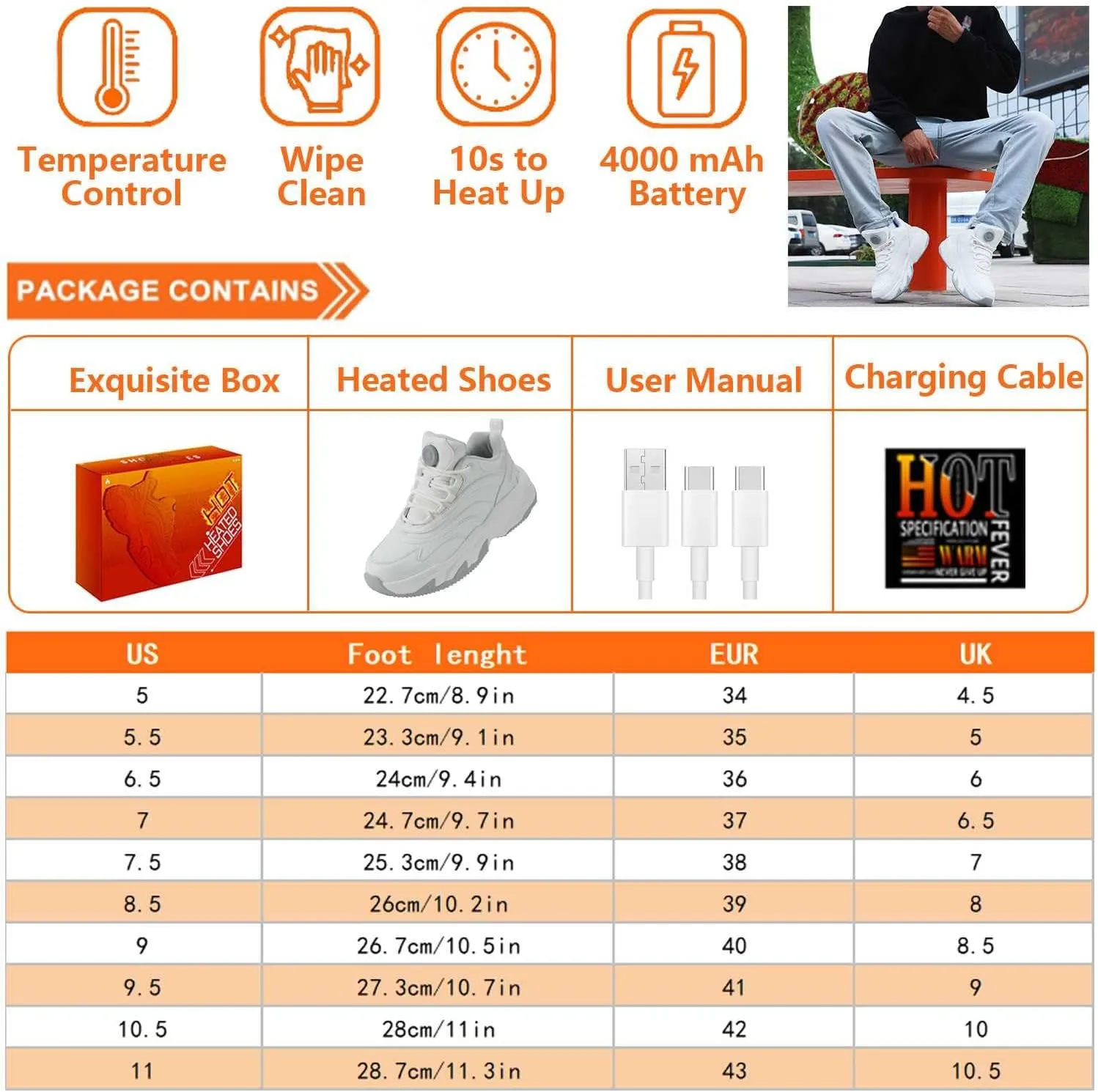 Electric Heated Shoes for Women/Man Rechargeable, 4000 mAh USB Self Heating Shoes, 3 Heating Levels Adjustable Foot Warmer, Winter Electric Shoes for Outdoor Sports Home Office