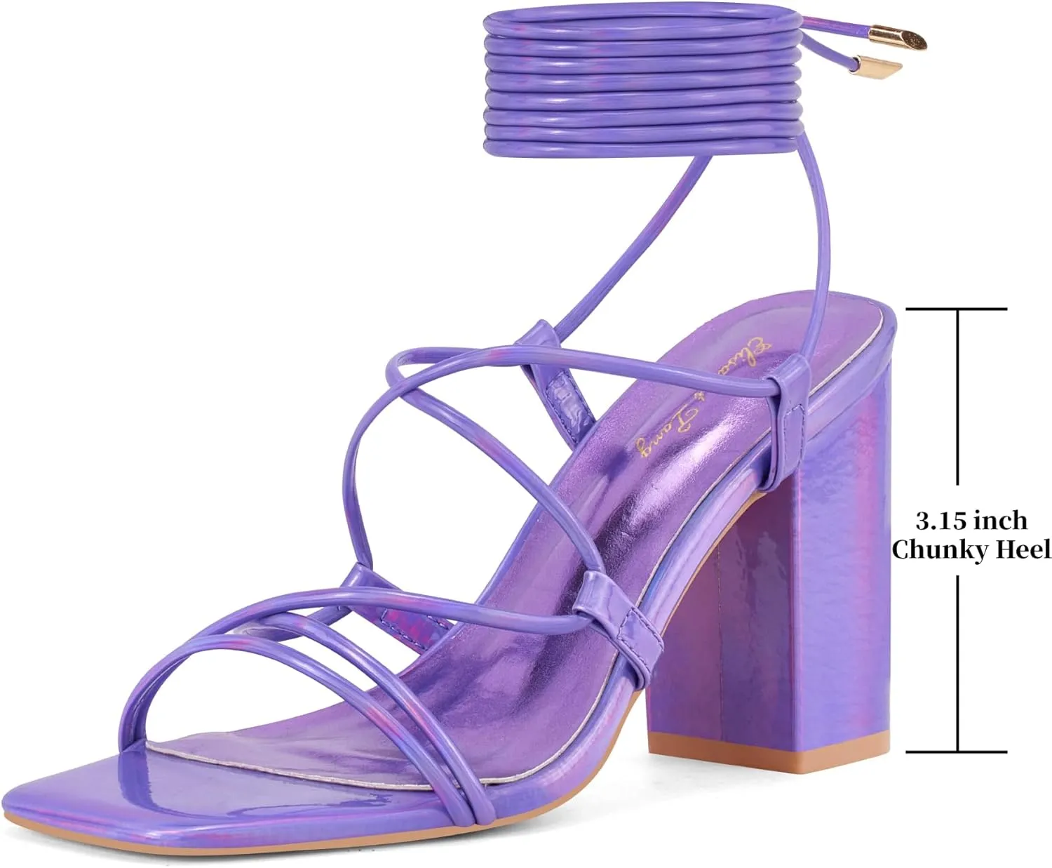 Elisabet Tang Square Toe Strappy Chunky Heels Sandals, 3 inch Women's Lace Up Low Block Heels Ankle Wrap Heels Square Open Toe Tie Up Heeled Sandals for Wedding Dress Shoes