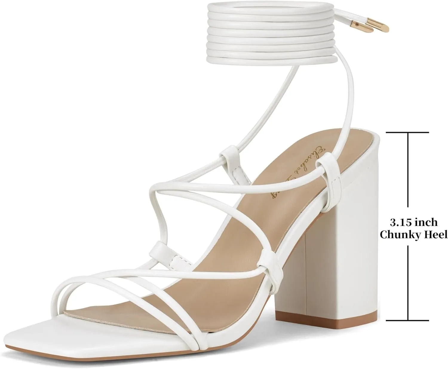 Elisabet Tang Square Toe Strappy Chunky Heels Sandals, 3 inch Women's Lace Up Low Block Heels Ankle Wrap Heels Square Open Toe Tie Up Heeled Sandals for Wedding Dress Shoes