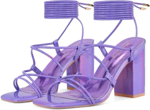 Elisabet Tang Square Toe Strappy Chunky Heels Sandals, 3 inch Women's Lace Up Low Block Heels Ankle Wrap Heels Square Open Toe Tie Up Heeled Sandals for Wedding Dress Shoes
