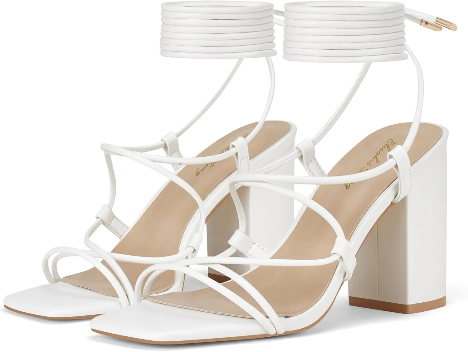 Elisabet Tang Square Toe Strappy Chunky Heels Sandals, 3 inch Women's Lace Up Low Block Heels Ankle Wrap Heels Square Open Toe Tie Up Heeled Sandals for Wedding Dress Shoes