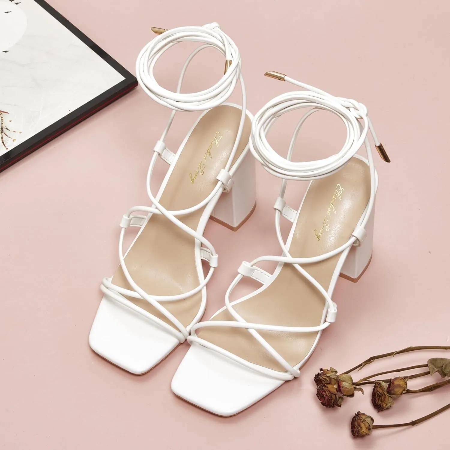 Elisabet Tang Square Toe Strappy Chunky Heels Sandals, 3 inch Women's Lace Up Low Block Heels Ankle Wrap Heels Square Open Toe Tie Up Heeled Sandals for Wedding Dress Shoes