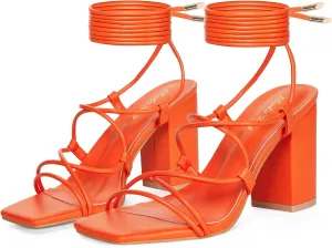 Elisabet Tang Square Toe Strappy Chunky Heels Sandals, 3 inch Women's Lace Up Low Block Heels Ankle Wrap Heels Square Open Toe Tie Up Heeled Sandals for Wedding Dress Shoes