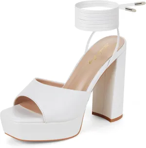 Elisabet Tang Women Strappy Heeled Sandals,4.7-Inch Lace Up Chunky Platform High Heels with Open Square Toes for Block Dressy Fashion Shoes at Prom