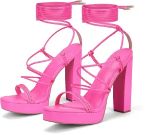 Elisabet Tang Women's Strappy Heeled Sandals, 5 inch Platform Heels Chunky Lace up High Heels Open Toe Party Shoes