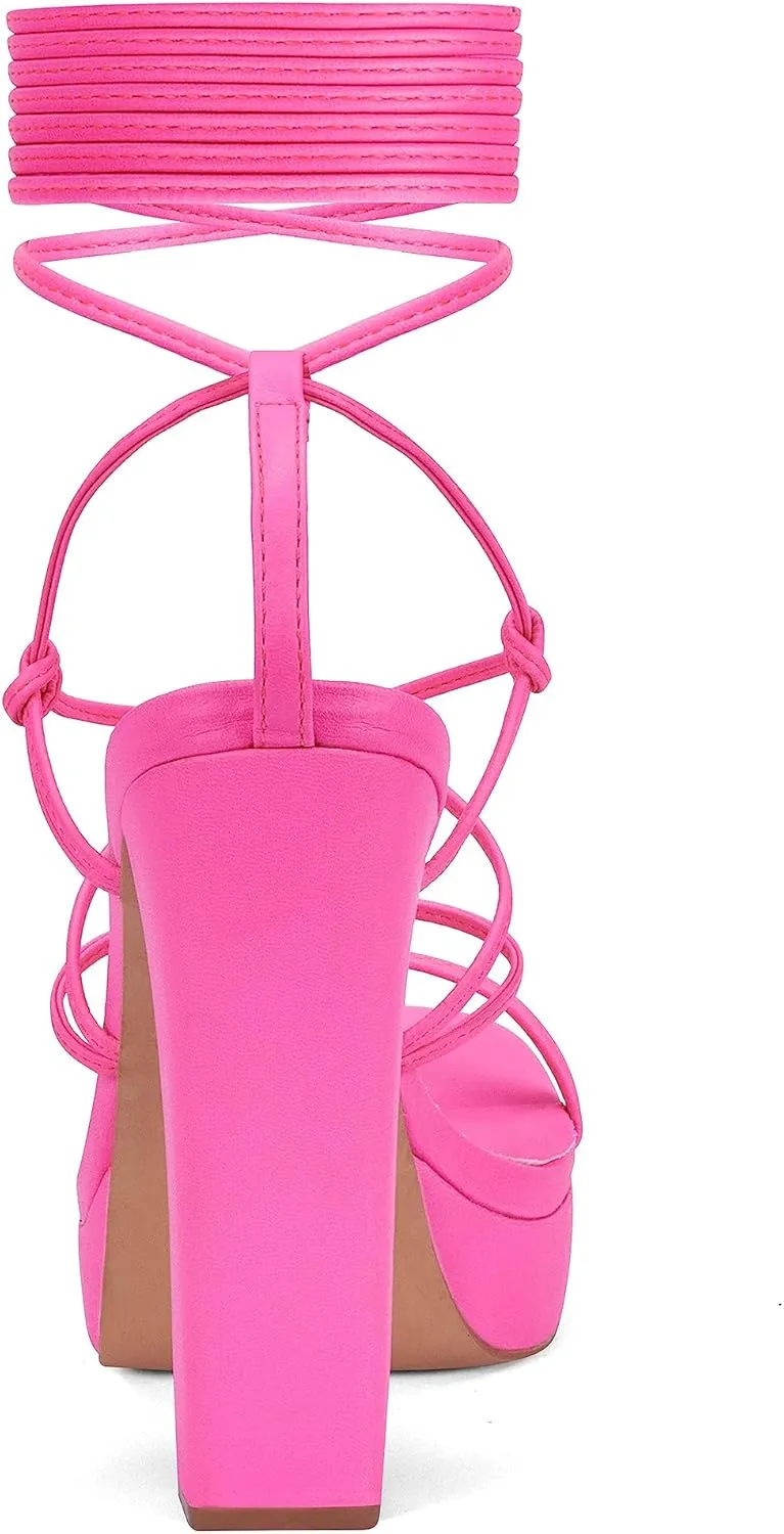 Elisabet Tang Women's Strappy Heeled Sandals, 5 inch Platform Heels Chunky Lace up High Heels Open Toe Party Shoes