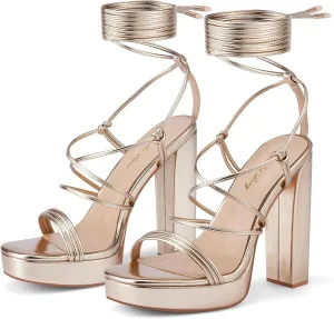 Elisabet Tang Women's Strappy Heeled Sandals, 5 inch Platform Heels Chunky Lace up High Heels Open Toe Party Shoes