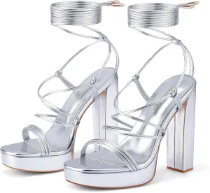 Elisabet Tang Women's Strappy Heeled Sandals, 5 inch Platform Heels Chunky Lace up High Heels Open Toe Party Shoes