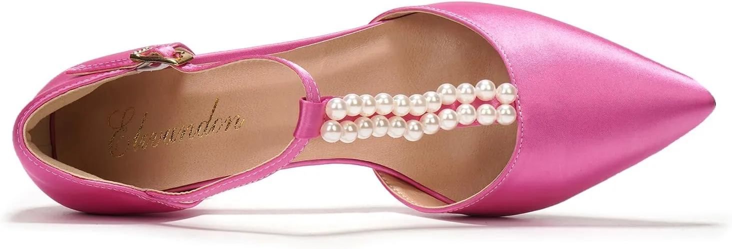 Elivandon J1587 Women's Satin Pointed Toe Mid-Heel Evening Sandals 2.36 inches Block Heel Bridal Party Wedding Pumps with Double Pearl T-Strap