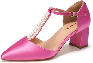 Elivandon J1587 Women's Satin Pointed Toe Mid-Heel Evening Sandals 2.36 inches Block Heel Bridal Party Wedding Pumps with Double Pearl T-Strap