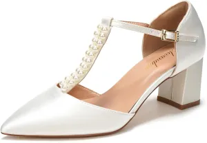 Elivandon J1587 Women's Satin Pointed Toe Mid-Heel Evening Sandals 2.36 inches Block Heel Bridal Party Wedding Pumps with Double Pearl T-Strap