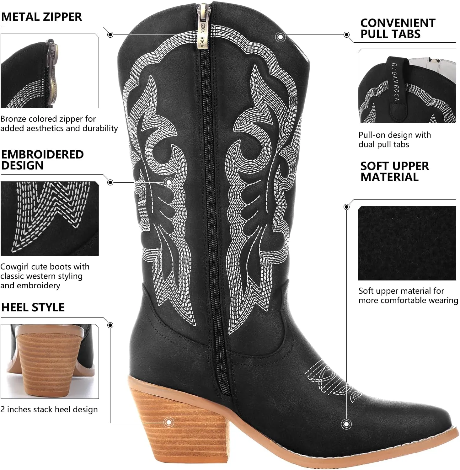 Embroidered Cowboy Boots for Women, Fashion Retro Western Pointed Toe Chunky Heel The Knee,Pull-On Stitching Point Toe Women's Cowgirl Boots