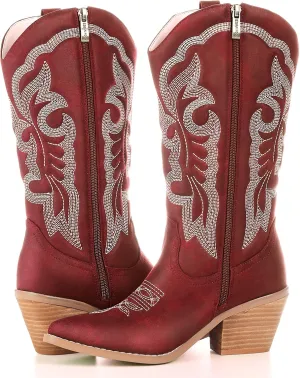 Embroidered Cowboy Boots for Women, Fashion Retro Western Pointed Toe Chunky Heel The Knee,Pull-On Stitching Point Toe Women's Cowgirl Boots