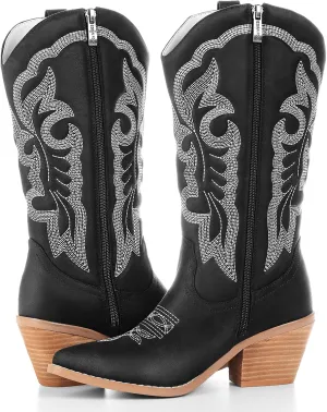 Embroidered Cowboy Boots for Women, Fashion Retro Western Pointed Toe Chunky Heel The Knee,Pull-On Stitching Point Toe Women's Cowgirl Boots