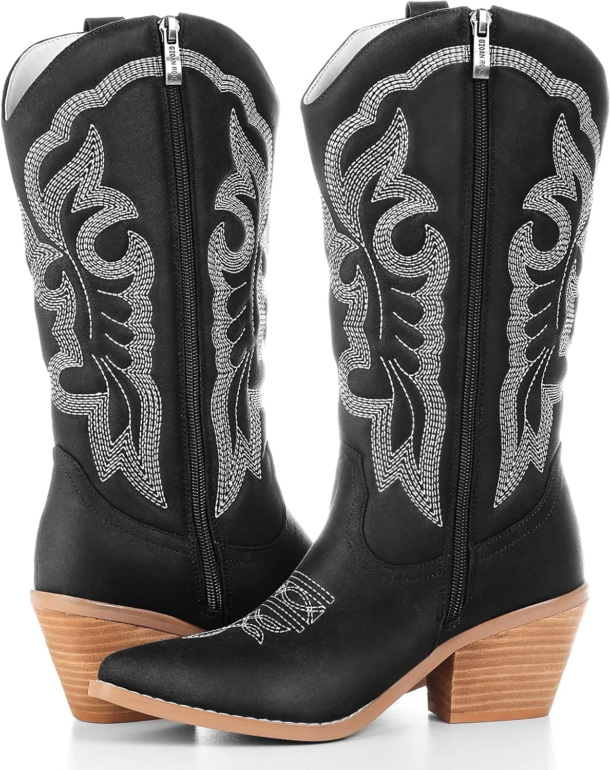 Embroidered Cowboy Boots for Women, Fashion Retro Western Pointed Toe Chunky Heel The Knee,Pull-On Stitching Point Toe Women's Cowgirl Boots