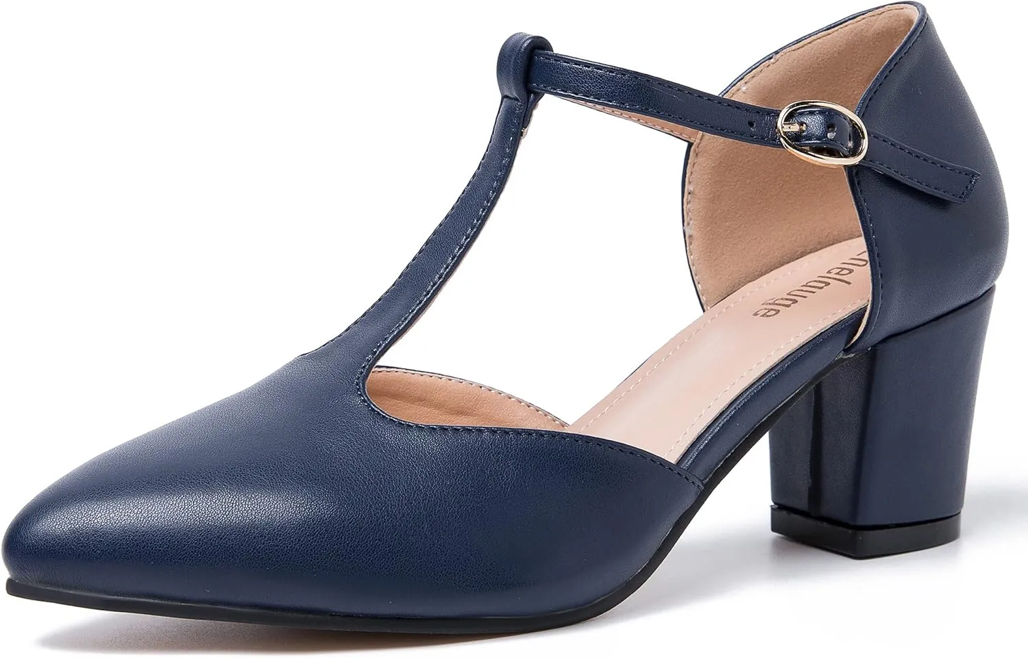 Enelauge Women's T-Strap Mary Jane Pumps Pointed Toe Ankle Strap Buckle Chunky Block Heel D'Orsay Sandals Dress Shoes