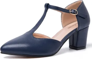 Enelauge Women's T-Strap Mary Jane Pumps Pointed Toe Ankle Strap Buckle Chunky Block Heel D'Orsay Sandals Dress Shoes