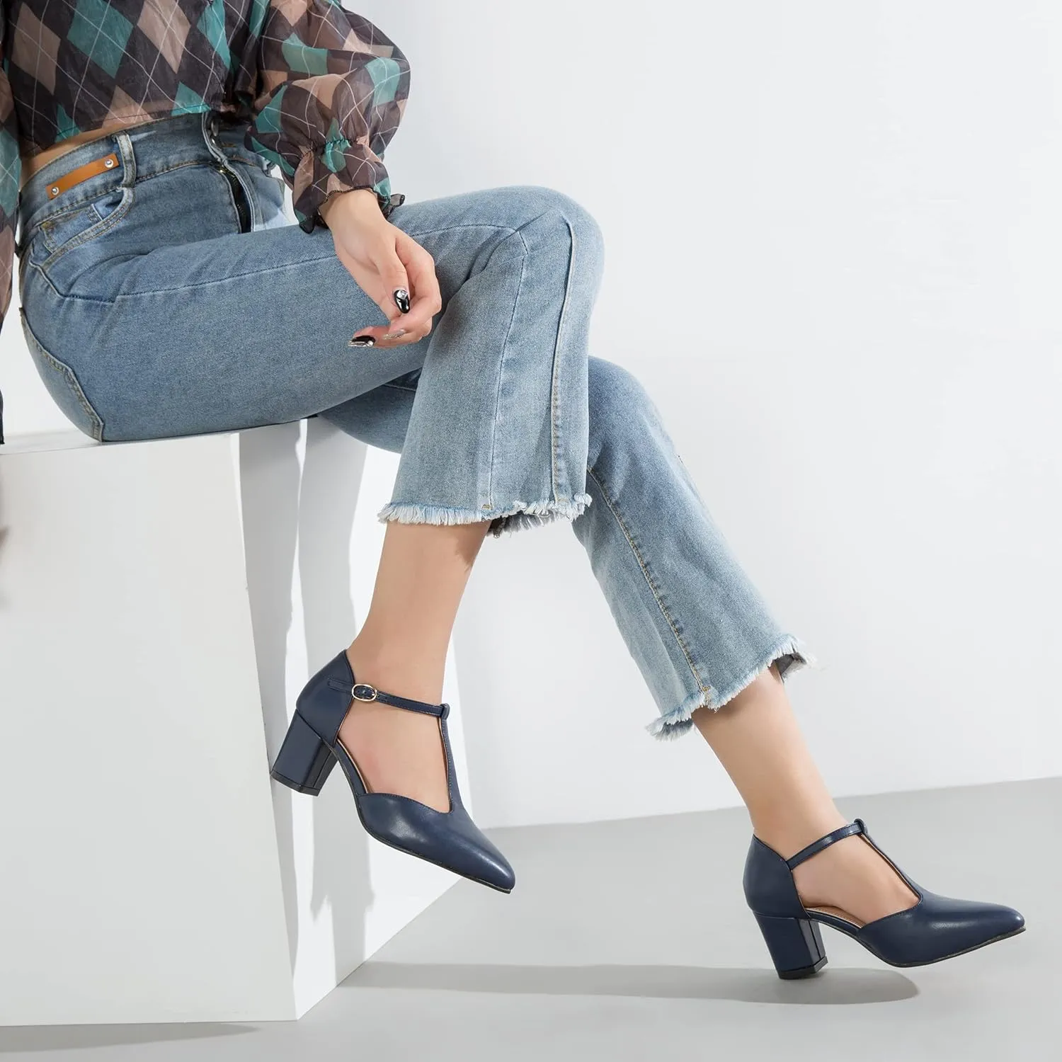 Enelauge Women's T-Strap Mary Jane Pumps Pointed Toe Ankle Strap Buckle Chunky Block Heel D'Orsay Sandals Dress Shoes