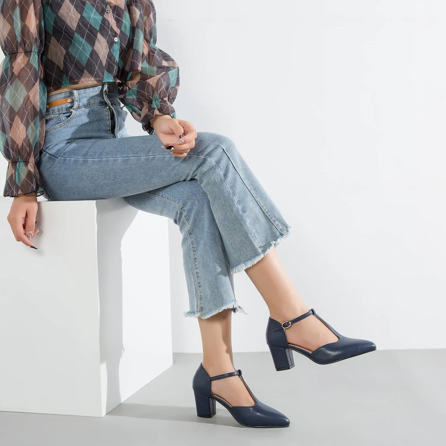Enelauge Women's T-Strap Mary Jane Pumps Pointed Toe Ankle Strap Buckle Chunky Block Heel D'Orsay Sandals Dress Shoes