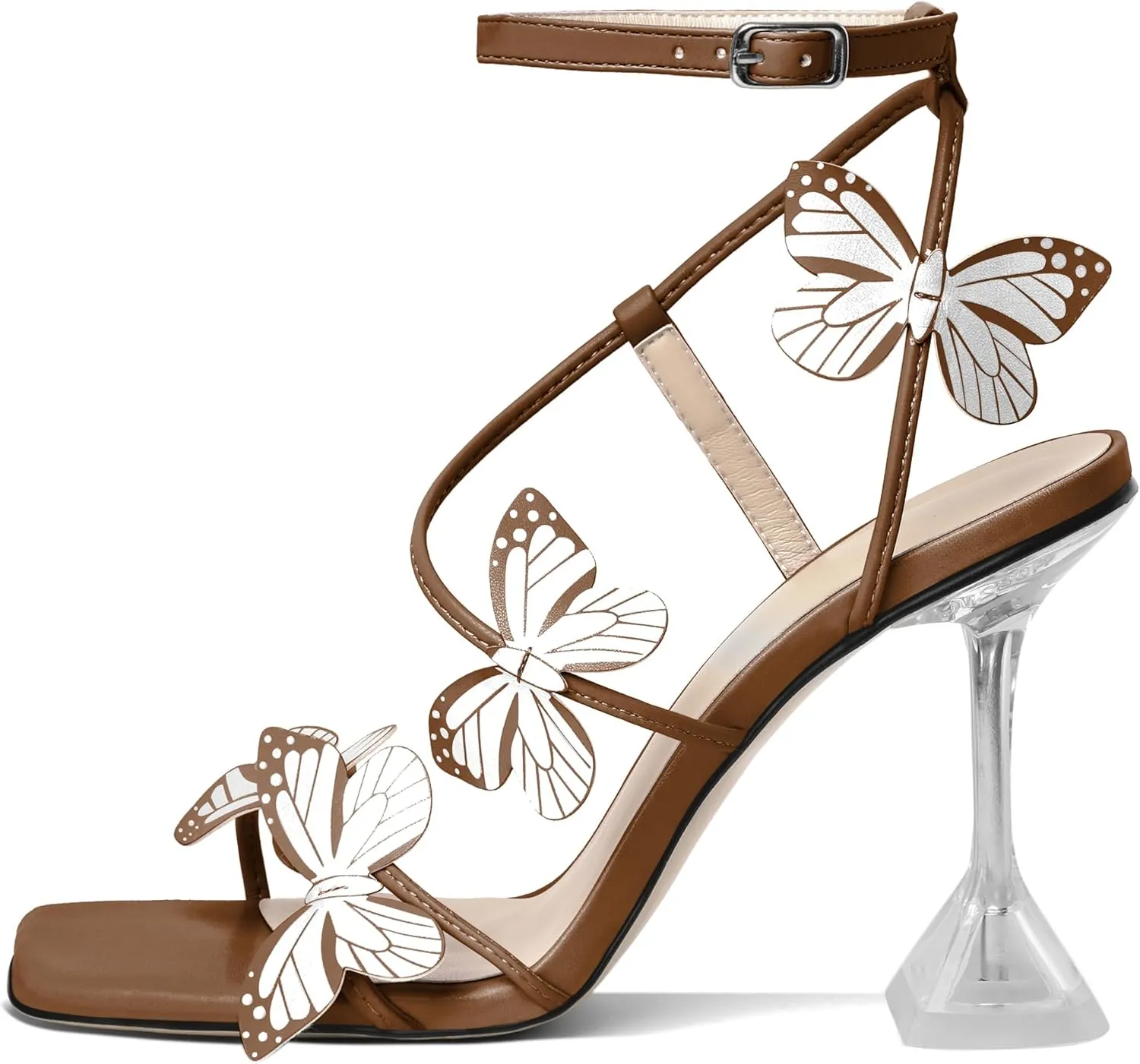 Esvowido Heeled Sandals for Women, Butterfly Ankle Strap Open Toe High Heels, Strappy Square Toe Clear Stiletto Spool Heels, Butterfly Sandals 4 Inches