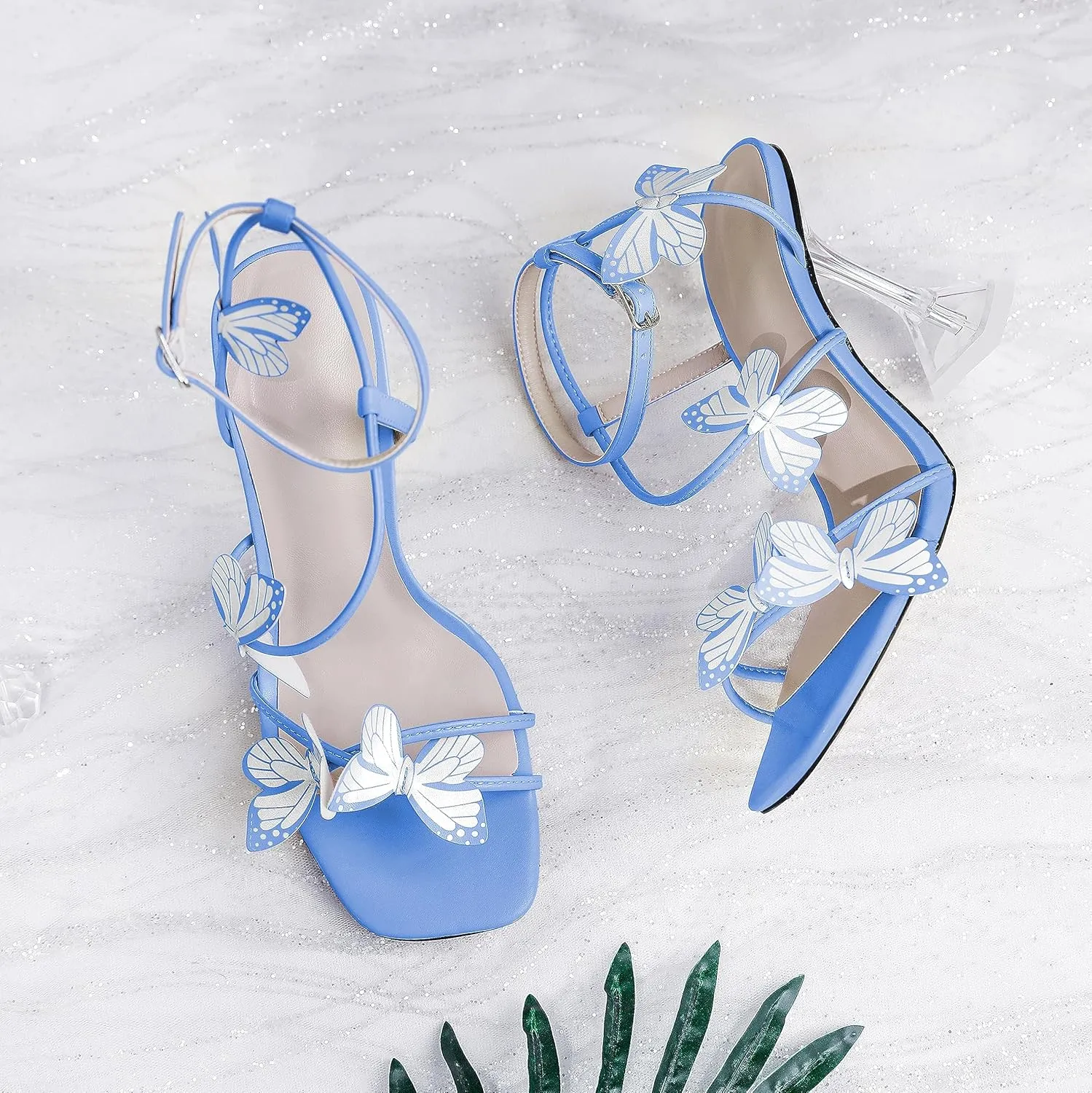 Esvowido Heeled Sandals for Women, Butterfly Ankle Strap Open Toe High Heels, Strappy Square Toe Clear Stiletto Spool Heels, Butterfly Sandals 4 Inches