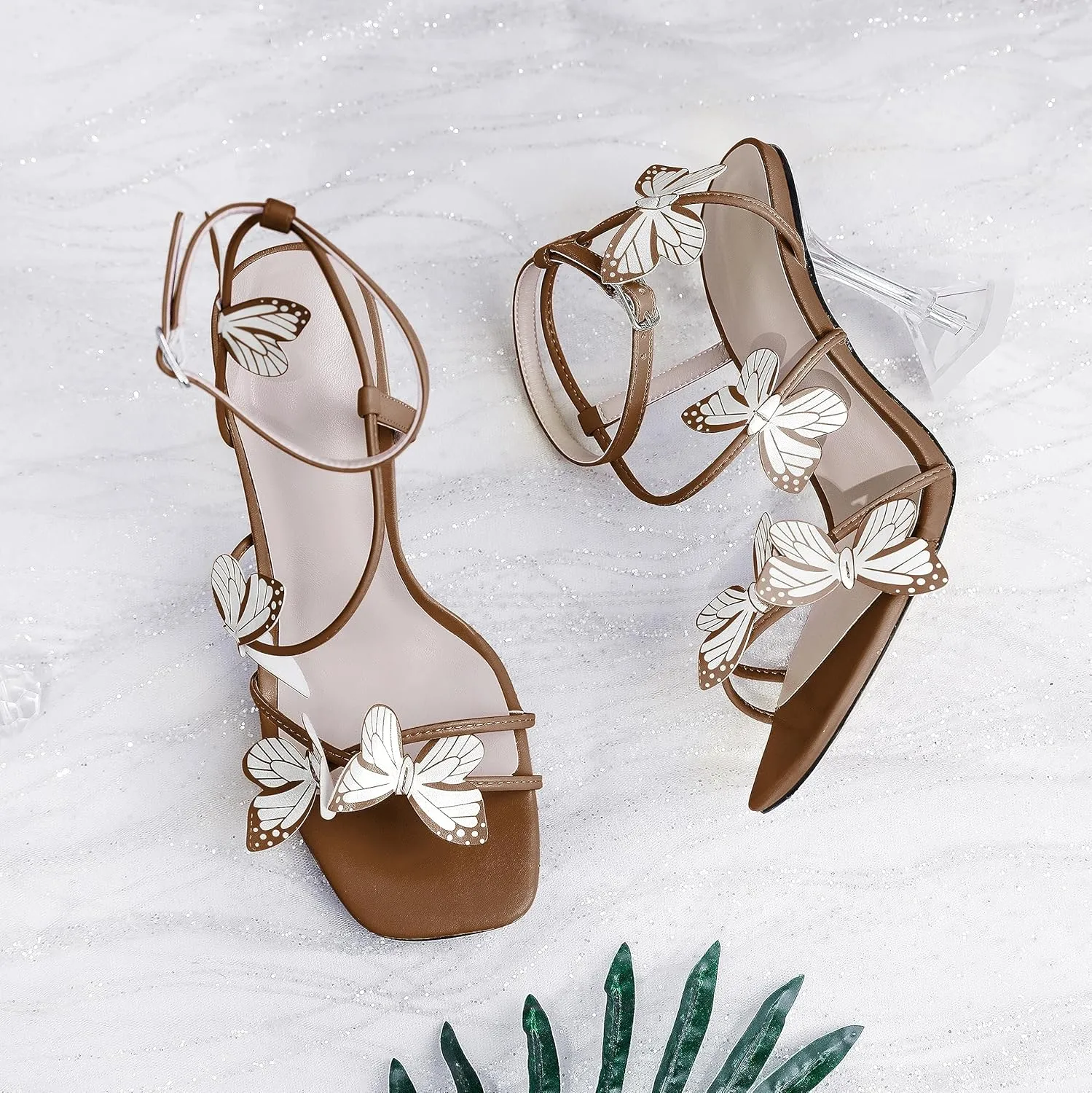 Esvowido Heeled Sandals for Women, Butterfly Ankle Strap Open Toe High Heels, Strappy Square Toe Clear Stiletto Spool Heels, Butterfly Sandals 4 Inches